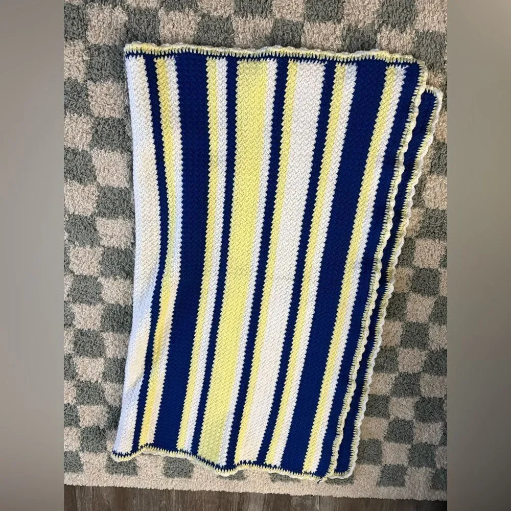 VTG Crochet Afghan Chevron Striped Blue Yellow Blanket Throw Michigan Football